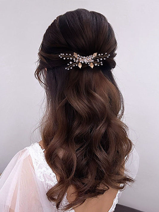 Sparkly Ladies Pearl Crystal Hair Comb Gold Alloy Leaf Hair Accessories for Women