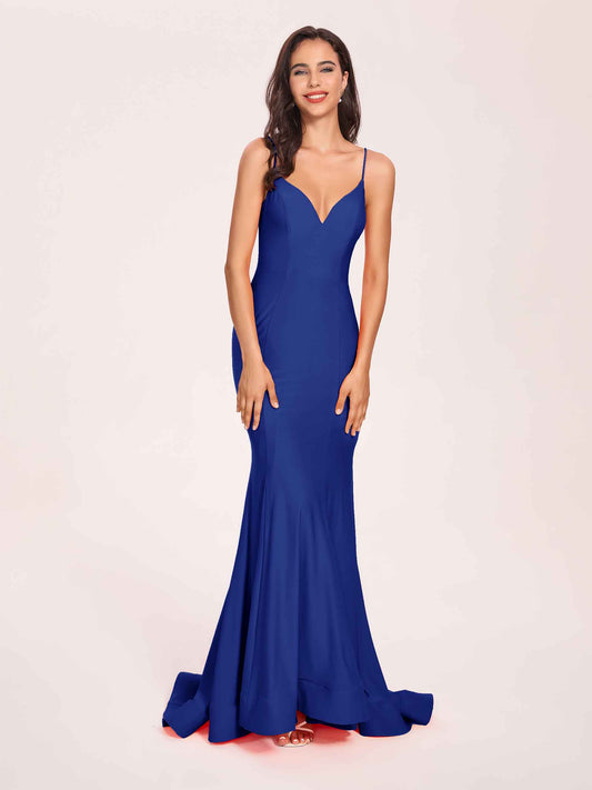 Sexy Jersey Mermaid Bridesmaid Dresses Spaghetti Straps V-neck Floor Length Lace-up Back