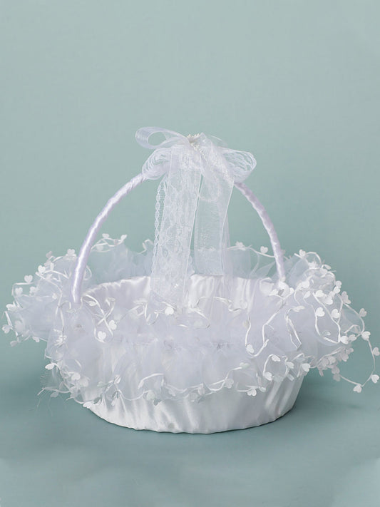 Lace White Bow Decoration Portable Flower Basket With Movable Handle