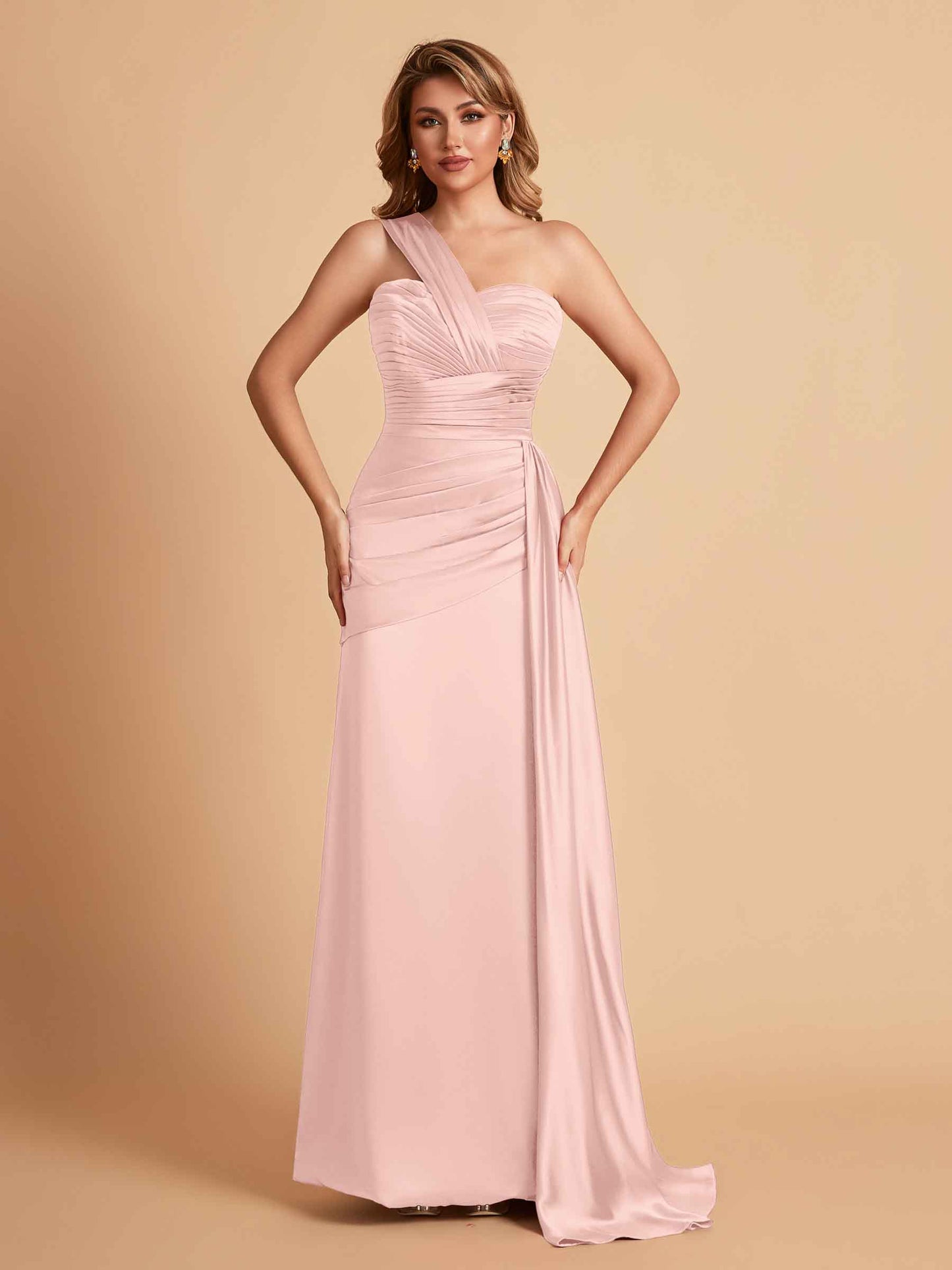 Sexy Satin Sheath One Shoulder With Train Elegant Long Bridesmaid Dresses