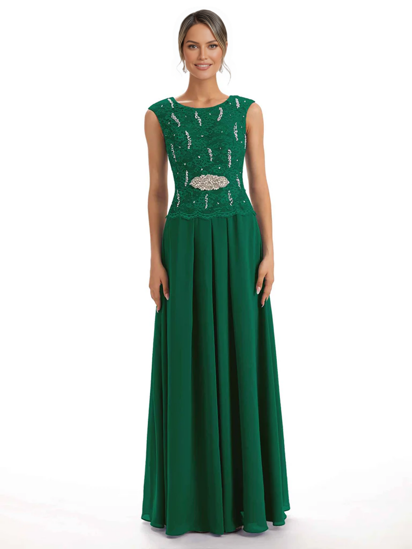 Mother of the Bride Dress Floor-Length Chiffon Gown with Embroidered Lace Bodice