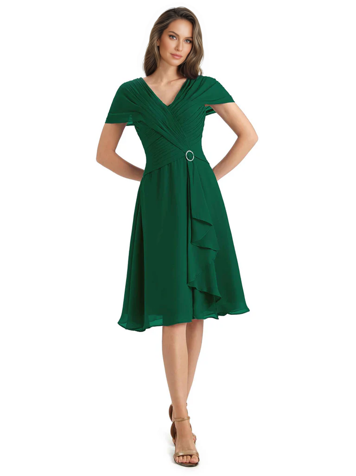 Mother of the Bride Dress Knee-Length V-Neck Chiffon Gown with Ruched Bodice
