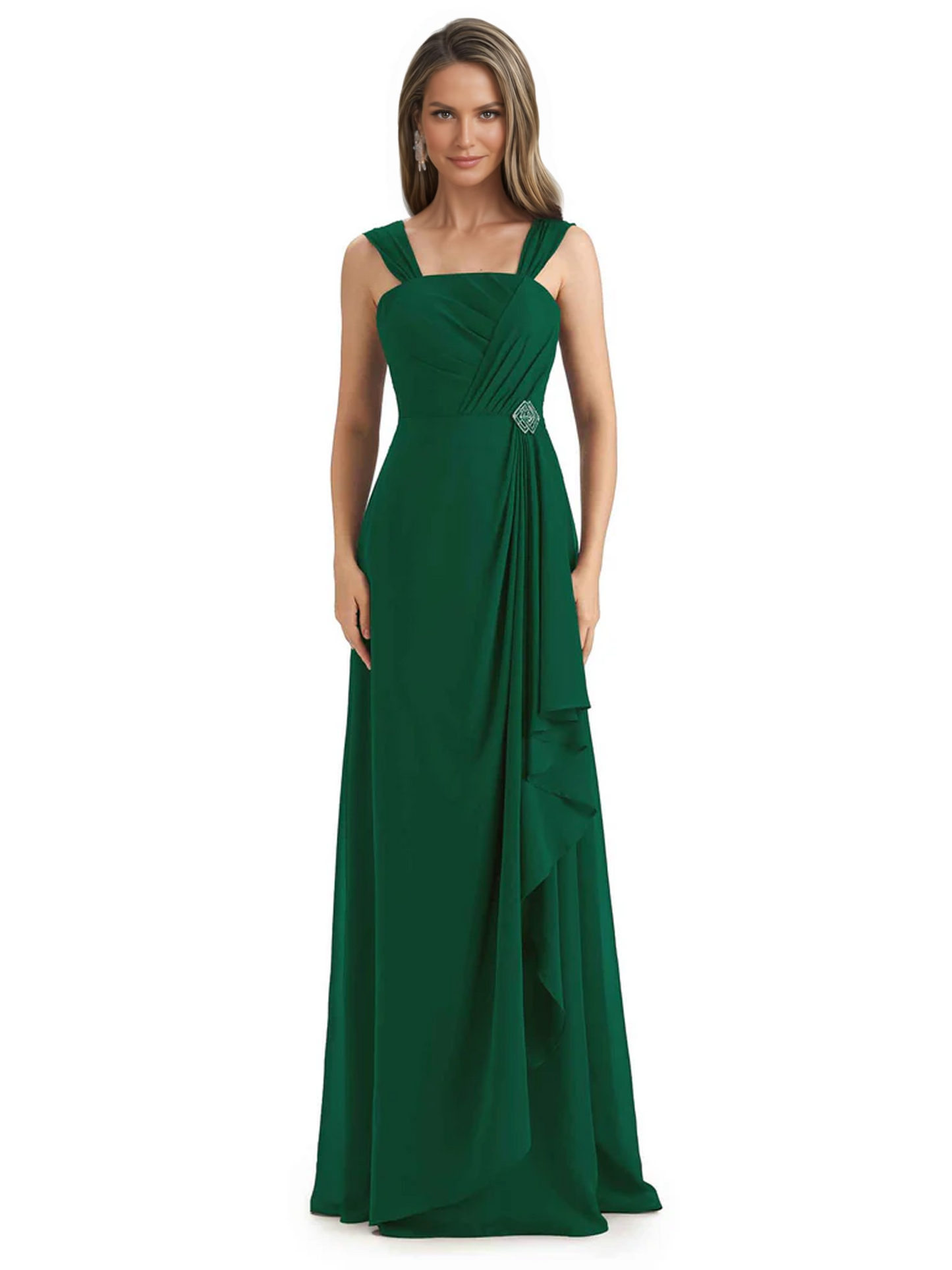 Square Neck Mother of the Bride Dress Floor-Length Chiffon Gown with Ruched Bodice