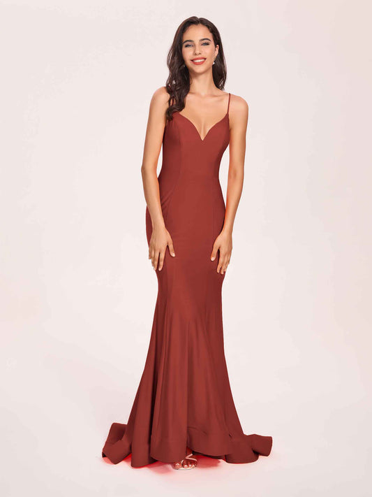 Sexy Jersey Mermaid Bridesmaid Dresses Spaghetti Straps V-neck Floor Length Lace-up Back