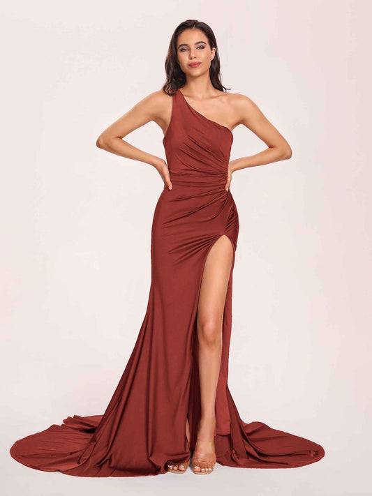 Jersey One-shoulder Bridesmaid Dresses Open Back Pleats Side-Slit With Train Long