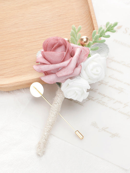 New Wedding Men Boutonniere Groomsman Brooch Flowers Green Leaves
