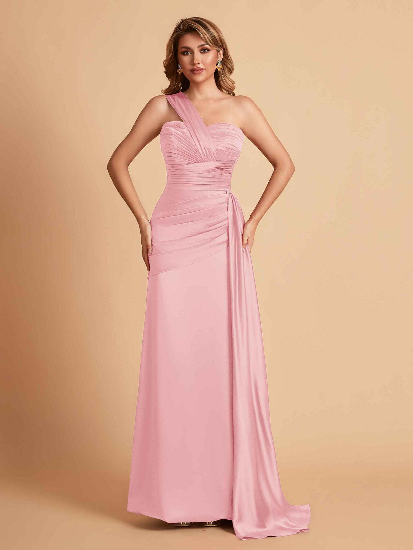 Sexy Satin Sheath One Shoulder With Train Elegant Long Bridesmaid Dresses