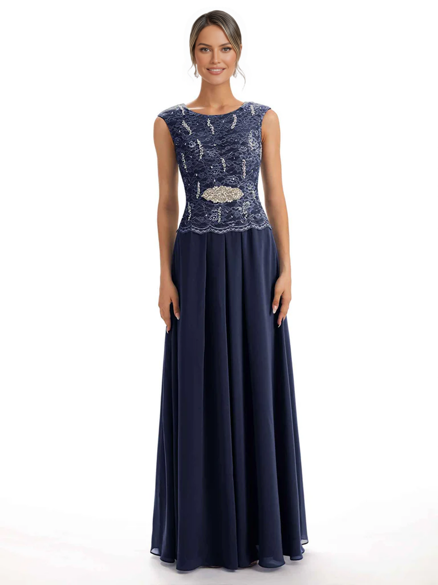 Mother of the Bride Dress Floor-Length Chiffon Gown with Embroidered Lace Bodice