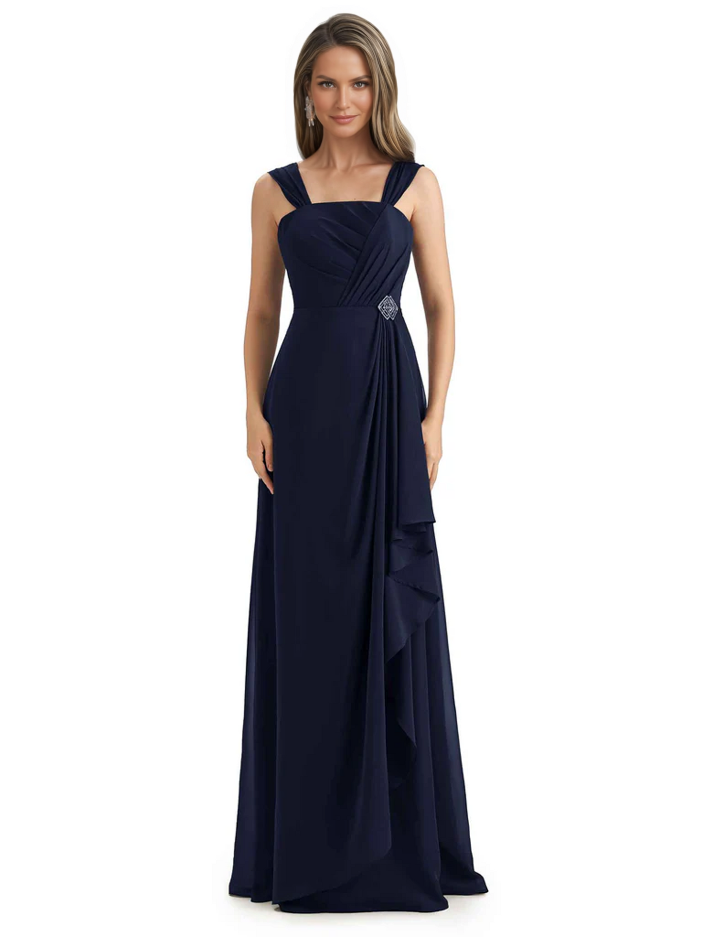Square Neck Mother of the Bride Dress Floor-Length Chiffon Gown with Ruched Bodice