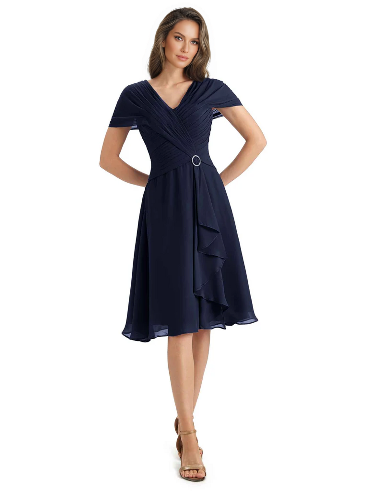 Mother of the Bride Dress Knee-Length V-Neck Chiffon Gown with Ruched Bodice