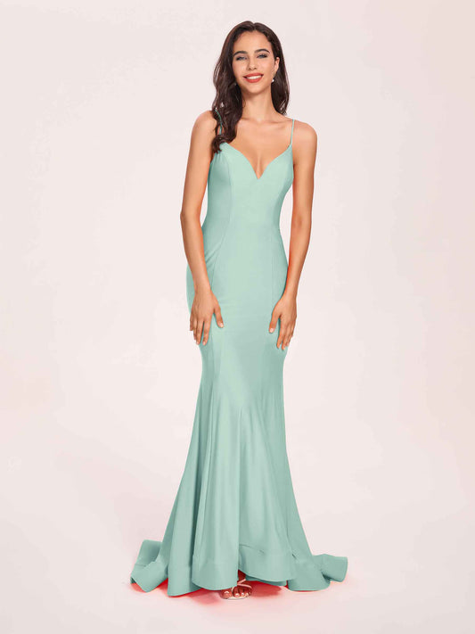 Sexy Jersey Mermaid Bridesmaid Dresses Spaghetti Straps V-neck Floor Length Lace-up Back