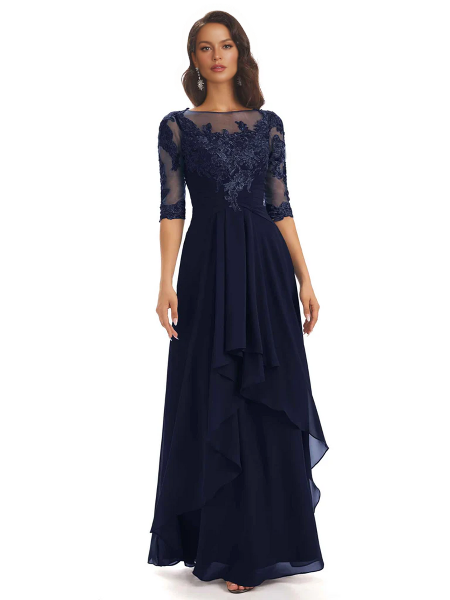 Elegant Lace A-line Chiffon Half Sleeves Mother of the Brides Dresses Floor Length
