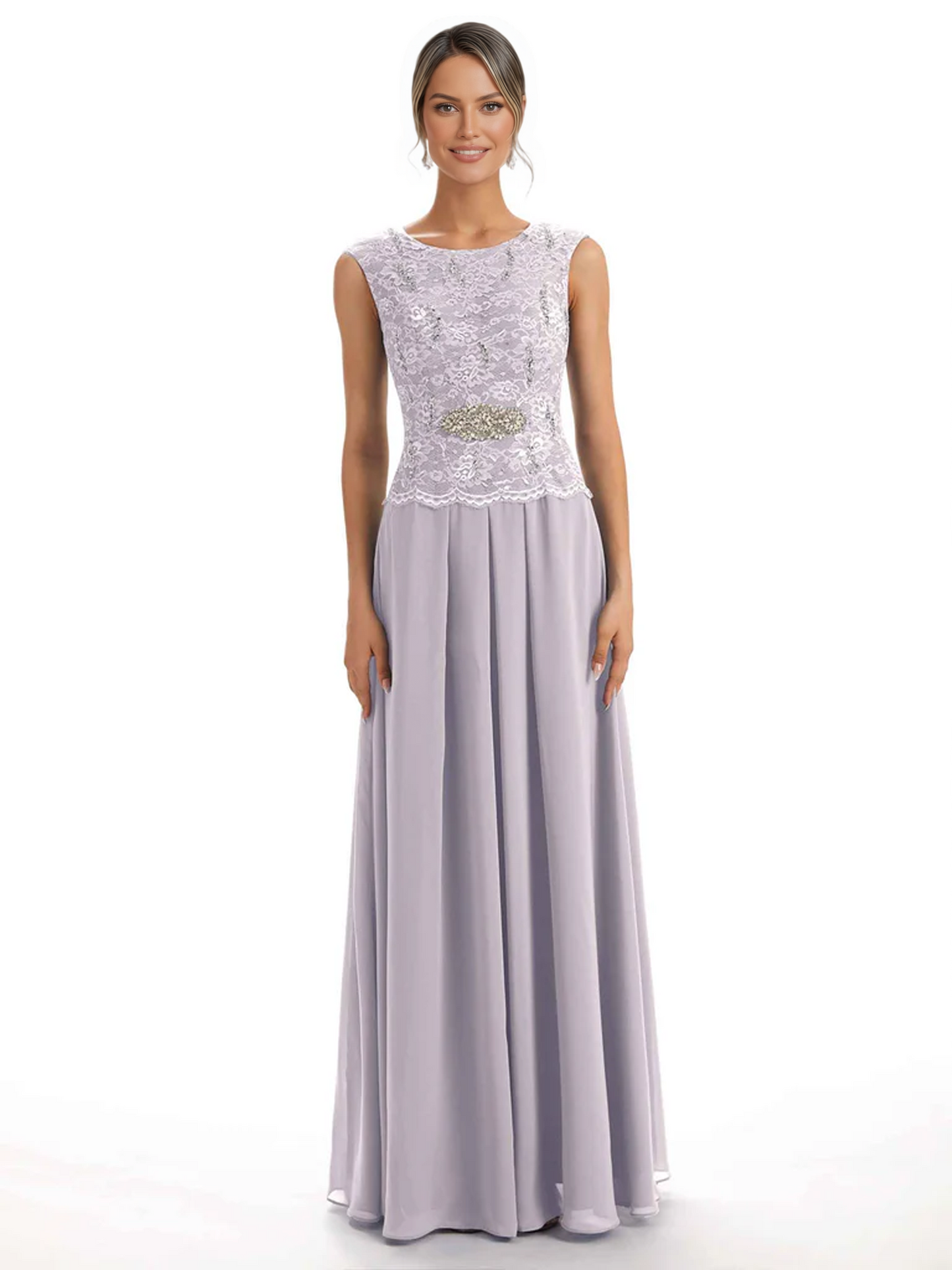 Mother of the Bride Dress Floor-Length Chiffon Gown with Embroidered Lace Bodice