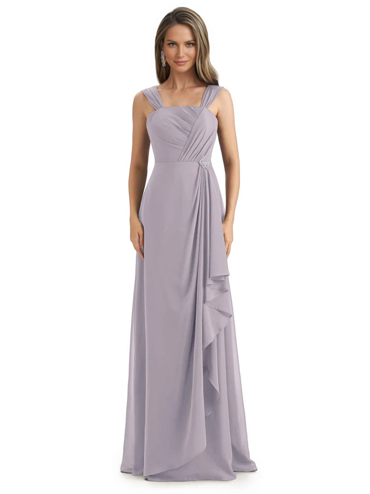 Square Neck Mother of the Bride Dress Floor-Length Chiffon Gown with Ruched Bodice