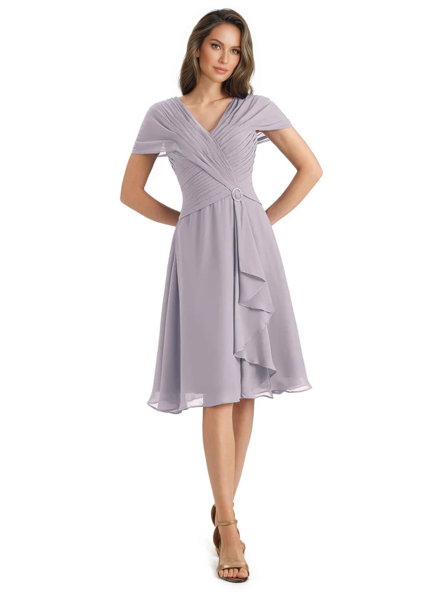 Mother of the Bride Dress Knee-Length V-Neck Chiffon Gown with Ruched Bodice