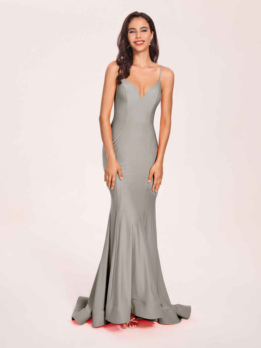 Sexy Jersey Mermaid Bridesmaid Dresses Spaghetti Straps V-neck Floor Length Lace-up Back