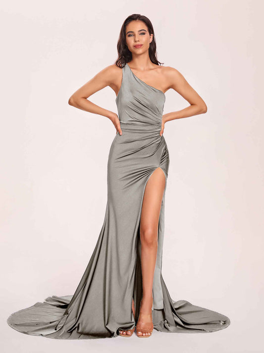 Jersey One-shoulder Bridesmaid Dresses Open Back Pleats Side-Slit With Train Long