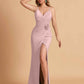 Elegant Satin Spaghetti Straps V-Neck Mermaid With Pleats and Flower Long Bridesmaid Dresses