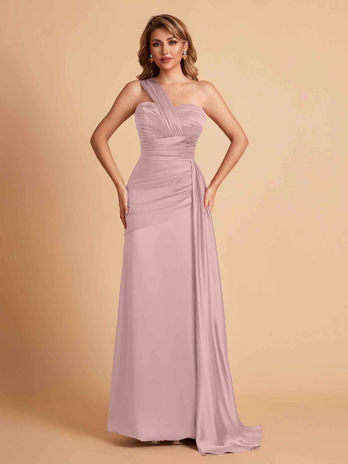 Sexy Satin Sheath One Shoulder With Train Elegant Long Bridesmaid Dresses