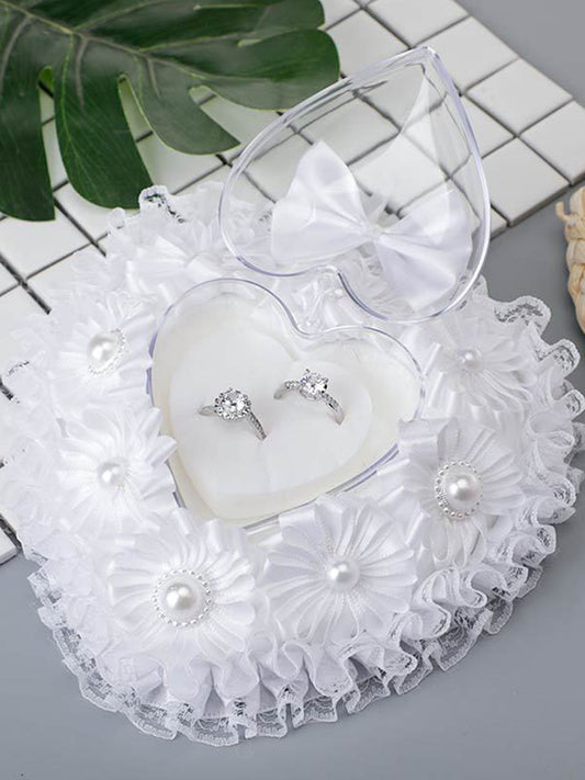 White Lace Heart Shape Wedding Ring Pillow Ring Boxes Bowknot Decoration
