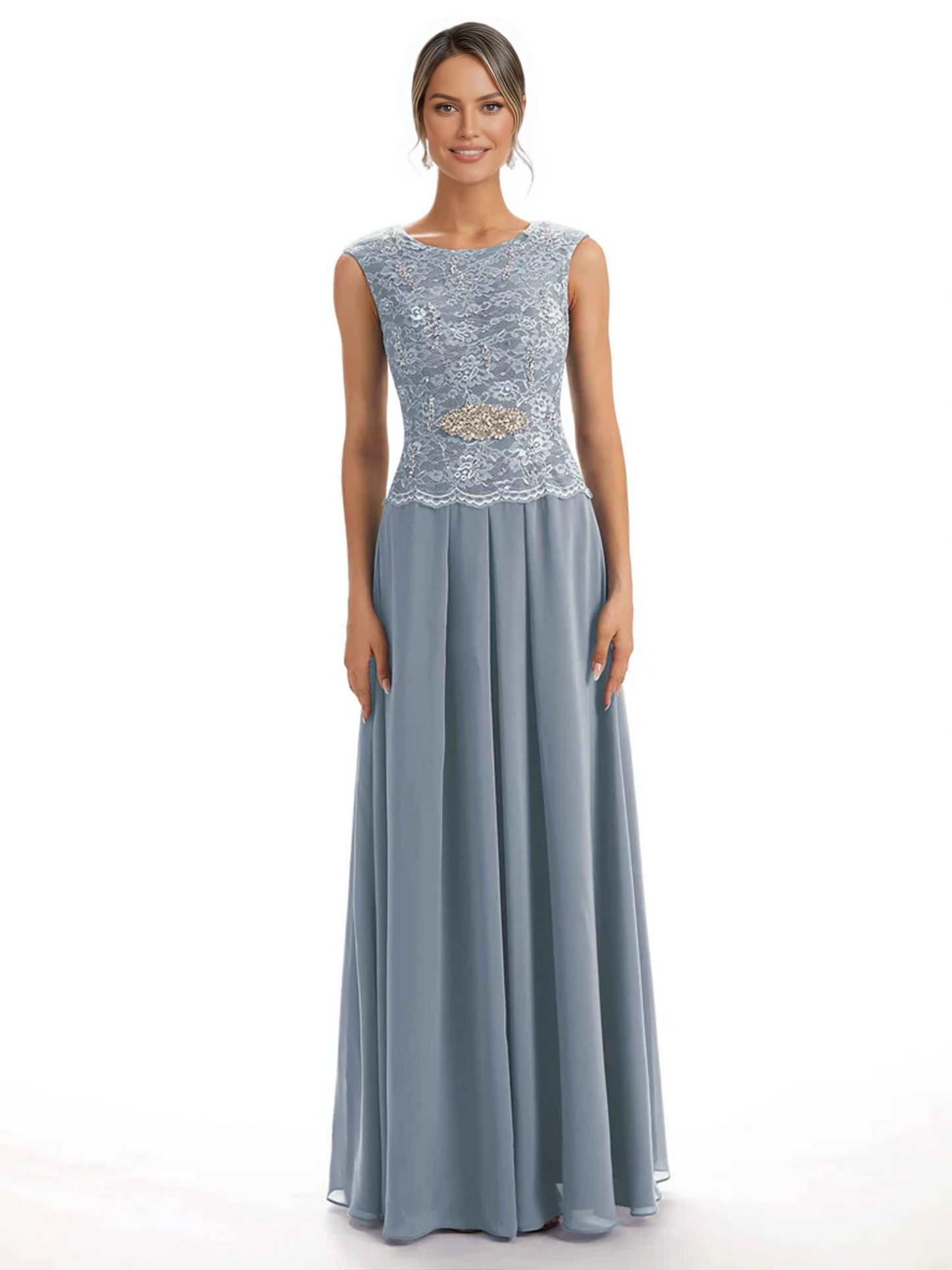 Mother of the Bride Dress Floor-Length Chiffon Gown with Embroidered Lace Bodice