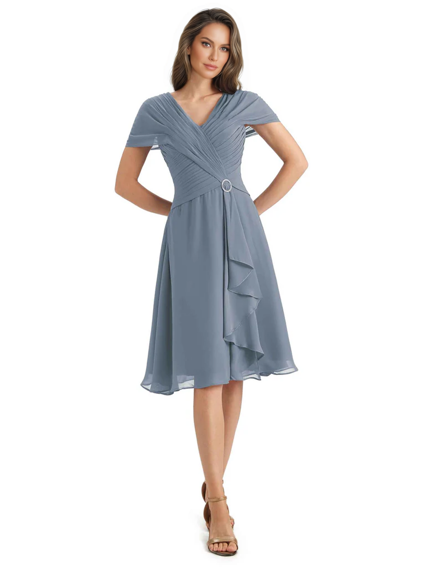 Mother of the Bride Dress Knee-Length V-Neck Chiffon Gown with Ruched Bodice