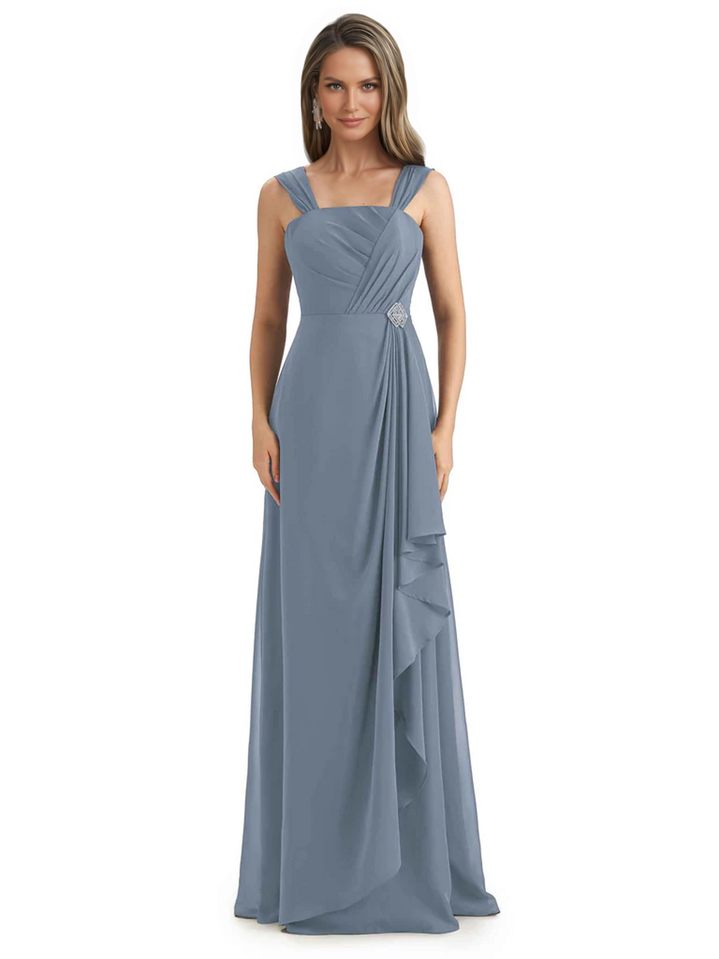 Square Neck Mother of the Bride Dress Floor-Length Chiffon Gown with Ruched Bodice