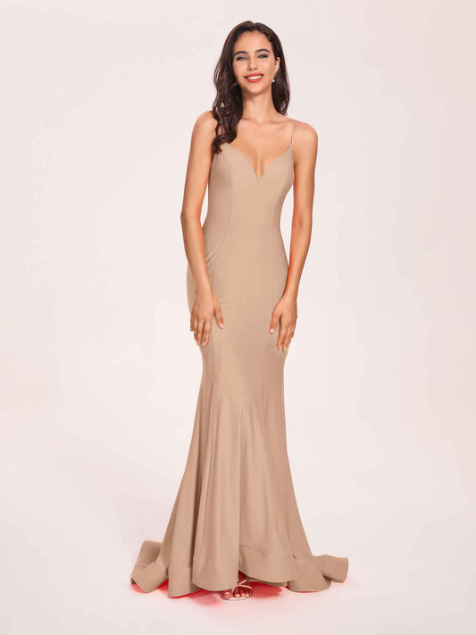 Sexy Jersey Mermaid Bridesmaid Dresses Spaghetti Straps V-neck Floor Length Lace-up Back