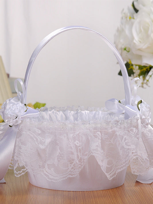 White Lace Flower Basket Creative Handmade Lace Wedding Flower Basket