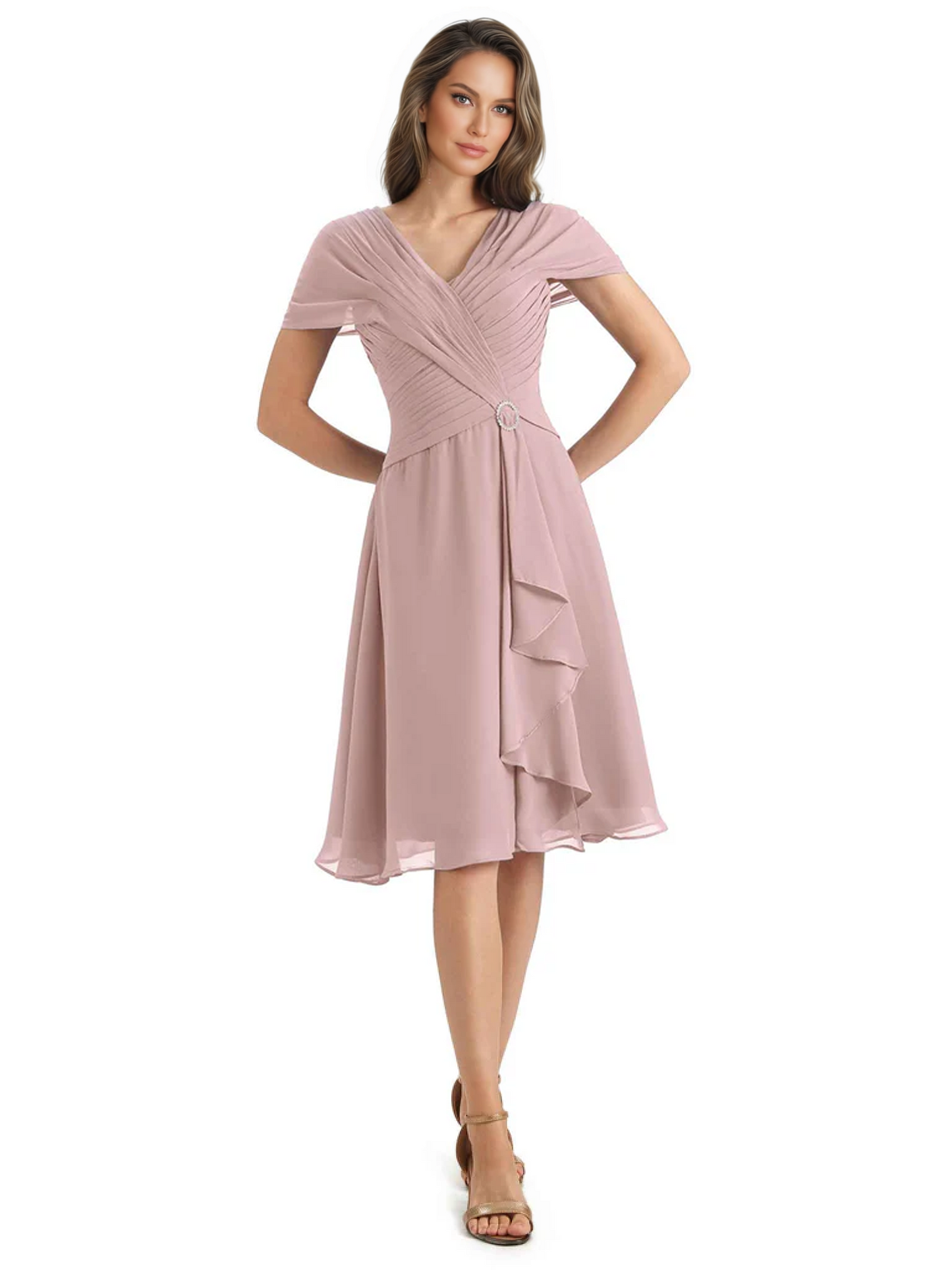 Mother of the Bride Dress Knee-Length V-Neck Chiffon Gown with Ruched Bodice