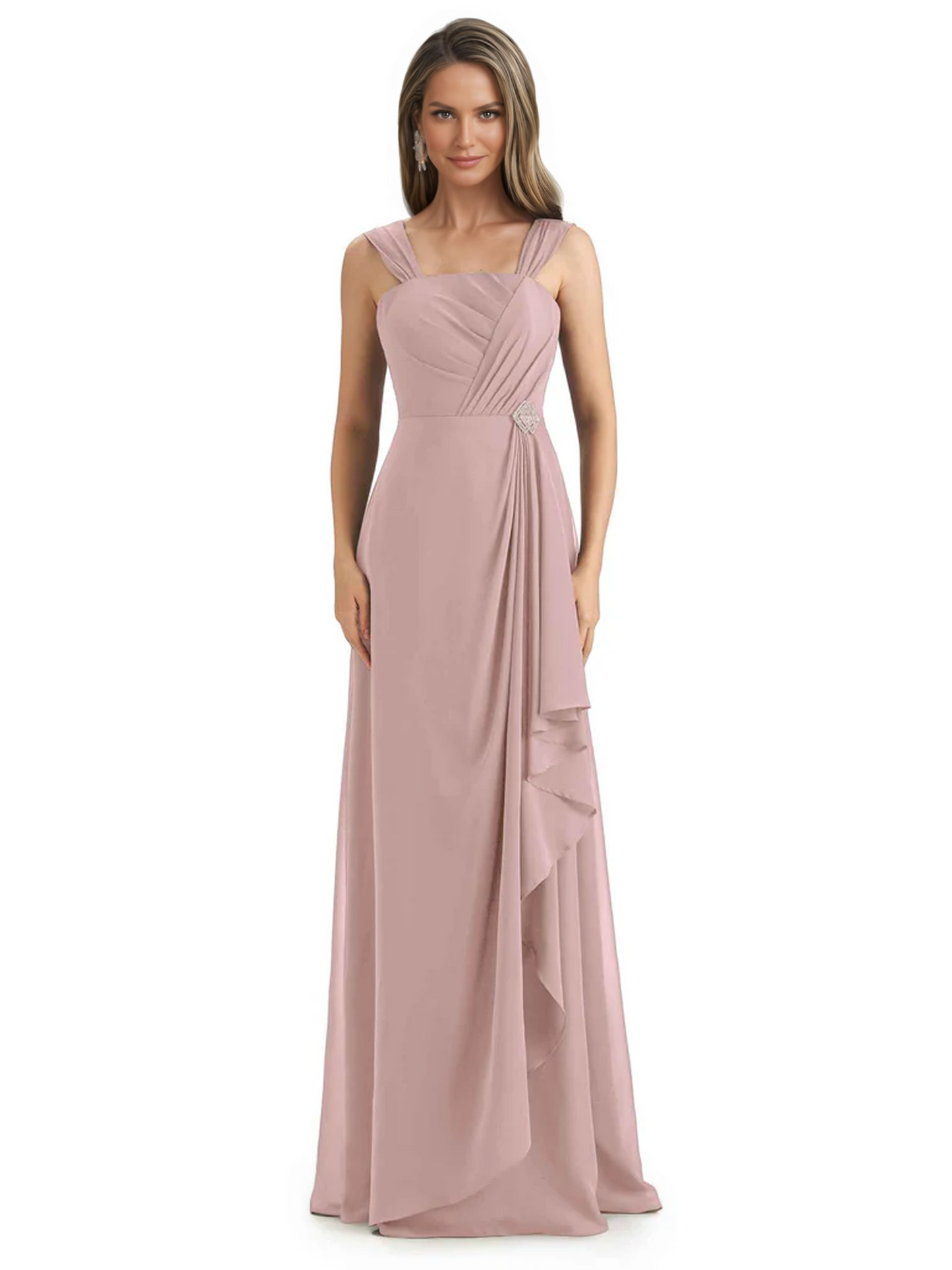 Square Neck Mother of the Bride Dress Floor-Length Chiffon Gown with Ruched Bodice
