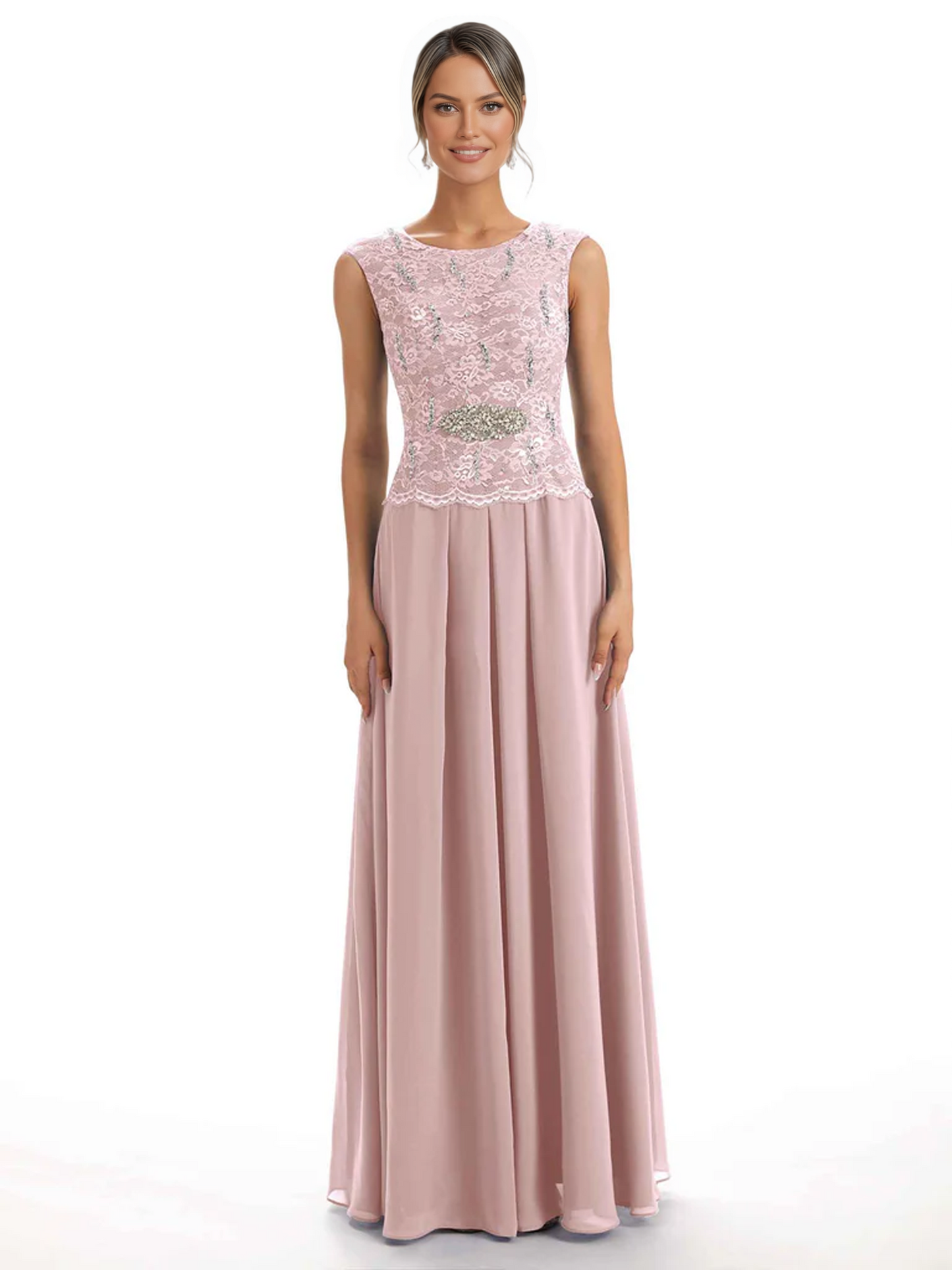 Mother of the Bride Dress Floor-Length Chiffon Gown with Embroidered Lace Bodice