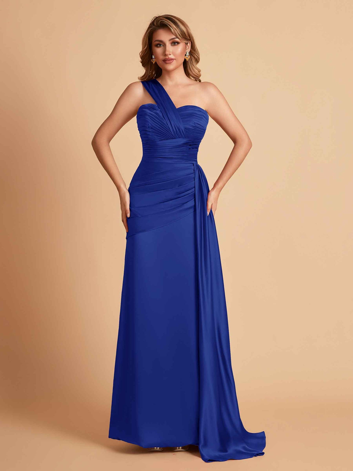 Sexy Satin Sheath One Shoulder With Train Elegant Long Bridesmaid Dresses
