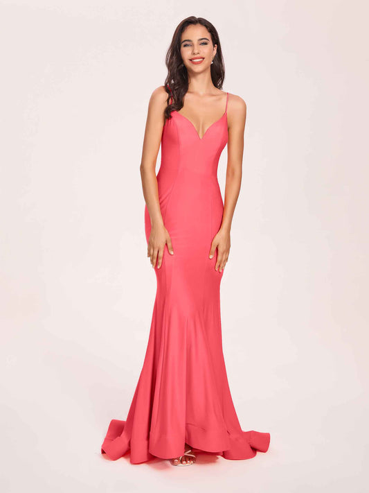 Sexy Jersey Mermaid Bridesmaid Dresses Spaghetti Straps V-neck Floor Length Lace-up Back