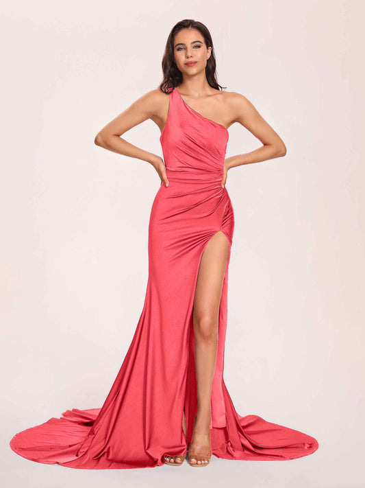 Jersey One-shoulder Bridesmaid Dresses Open Back Pleats Side-Slit With Train Long