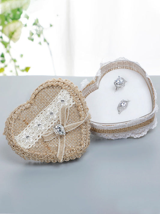 Heart-Shaped Linen Fabric Wedding Ring pillow Creative Lace Bowknot Ring Box Small Portable