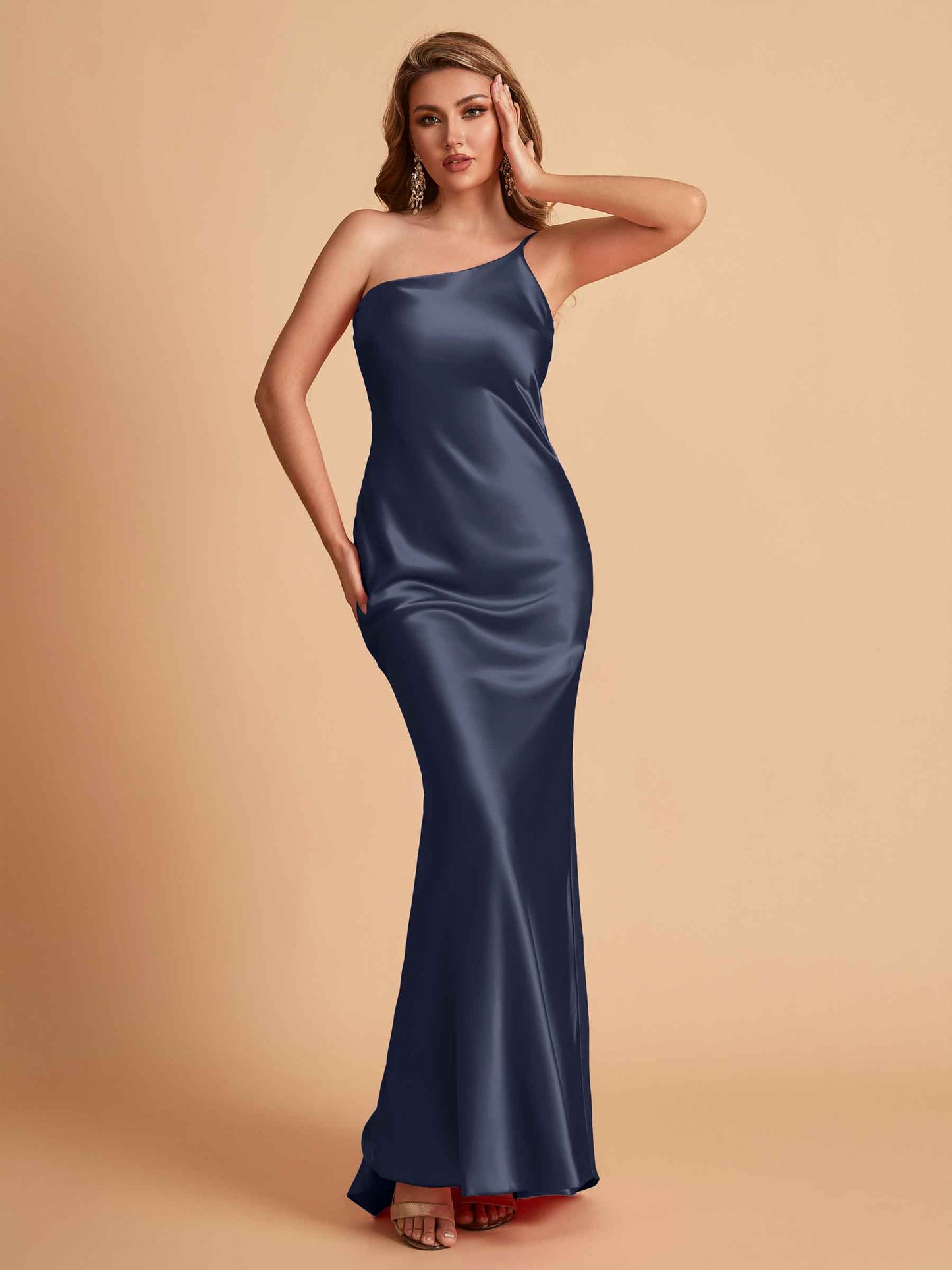 Sexy Silky Satin Sheath One Shoulder Comfy Long Bridesmaid Dresses