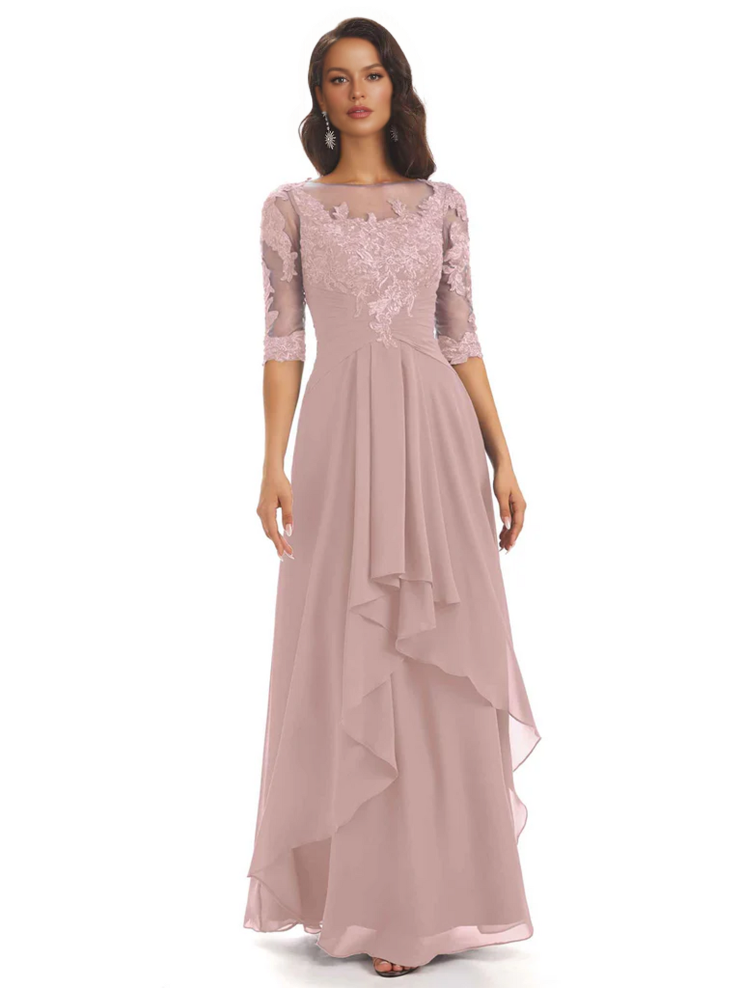 Elegant Lace A-line Chiffon Half Sleeves Mother of the Brides Dresses Floor Length