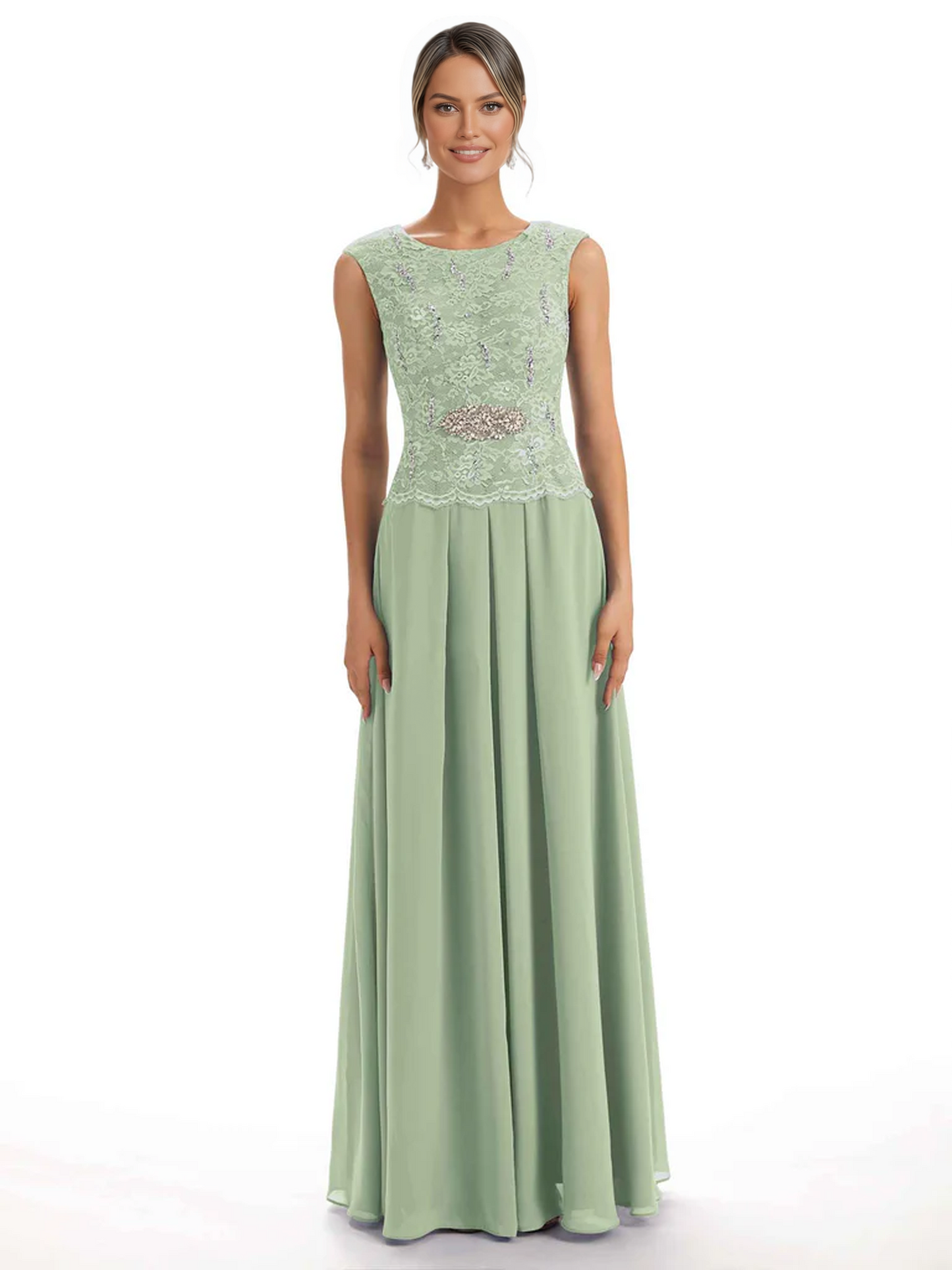 Mother of the Bride Dress Floor-Length Chiffon Gown with Embroidered Lace Bodice