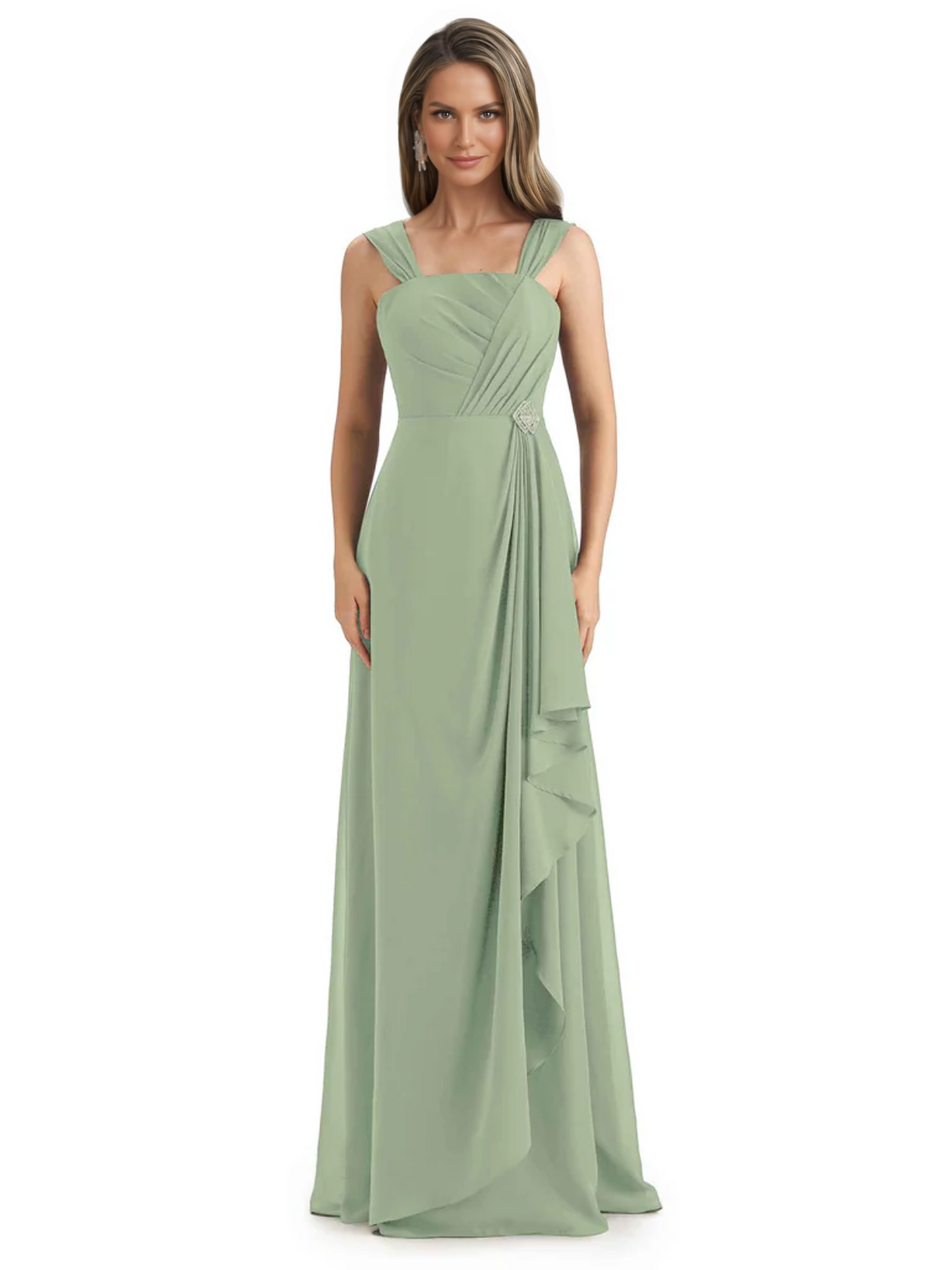 Square Neck Mother of the Bride Dress Floor-Length Chiffon Gown with Ruched Bodice