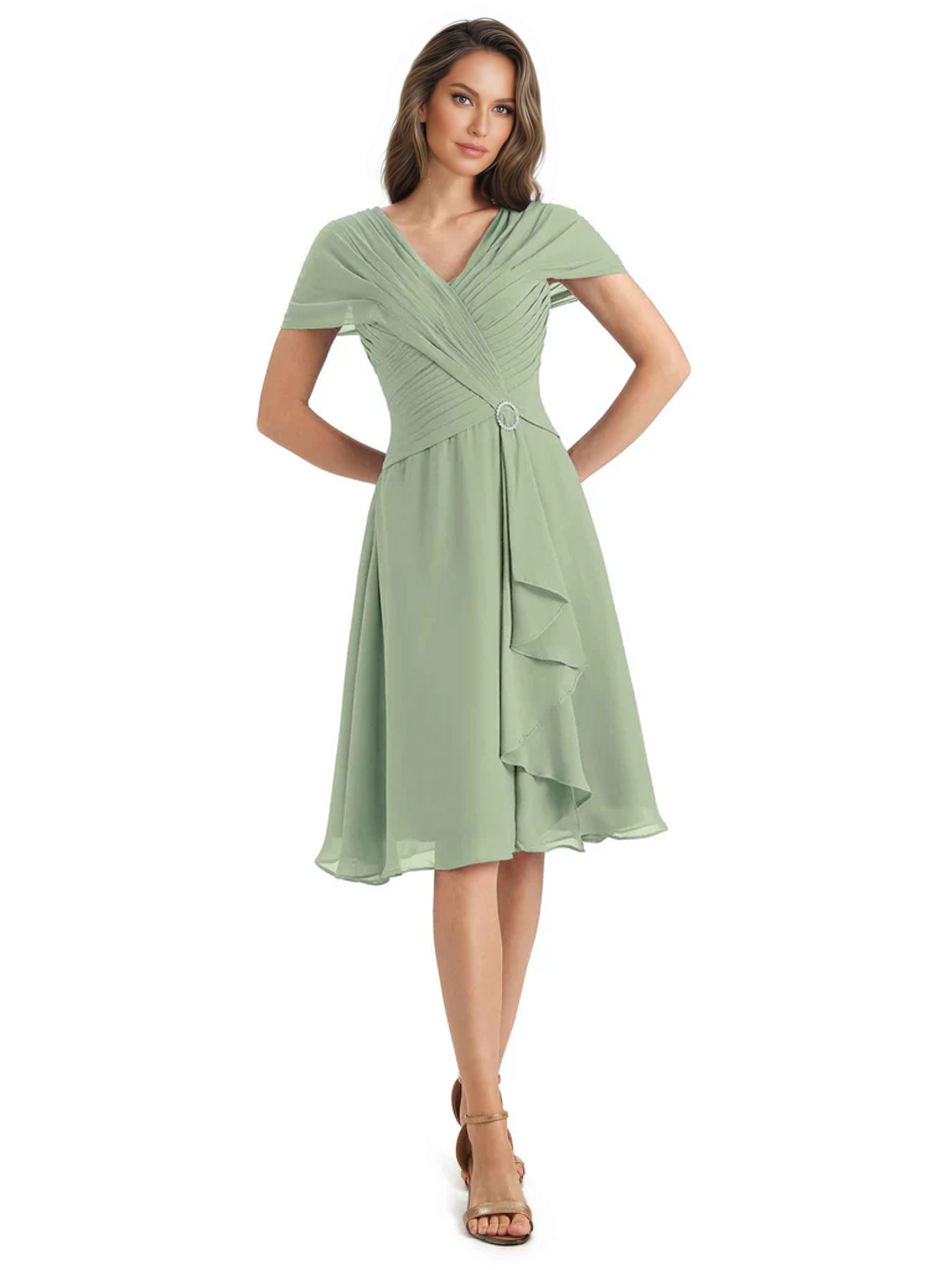 Mother of the Bride Dress Knee-Length V-Neck Chiffon Gown with Ruched Bodice