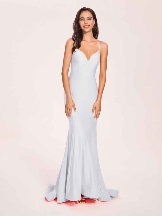 Sexy Jersey Mermaid Bridesmaid Dresses Spaghetti Straps V-neck Floor Length Lace-up Back