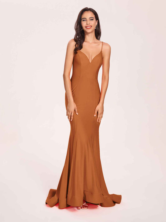 Sexy Jersey Mermaid Bridesmaid Dresses Spaghetti Straps V-neck Floor Length Lace-up Back