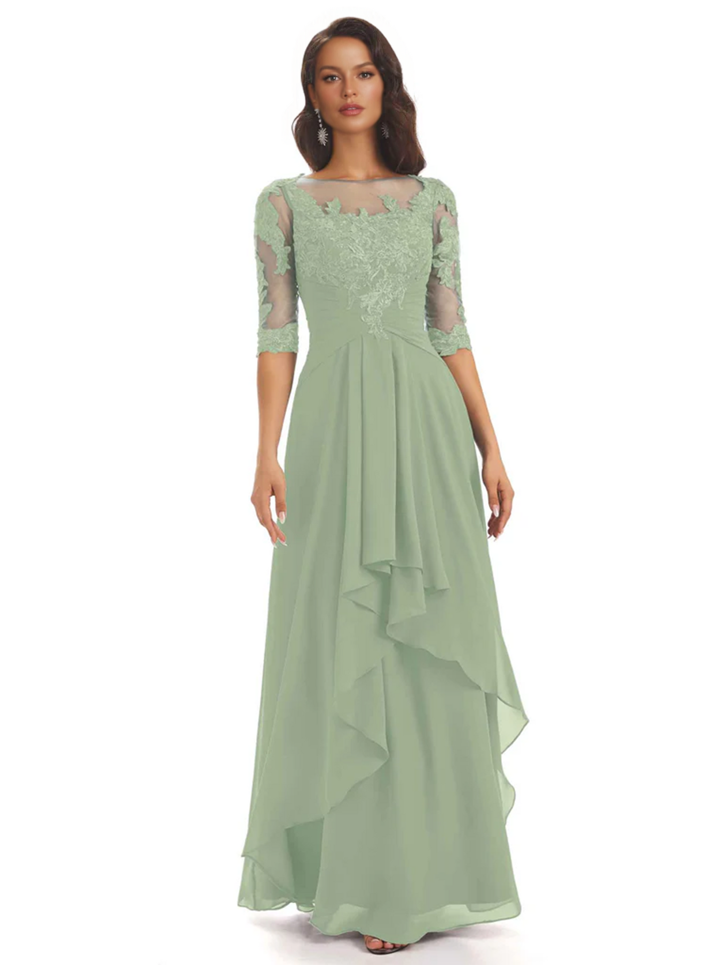Elegant Lace A-line Chiffon Half Sleeves Mother of the Brides Dresses Floor Length