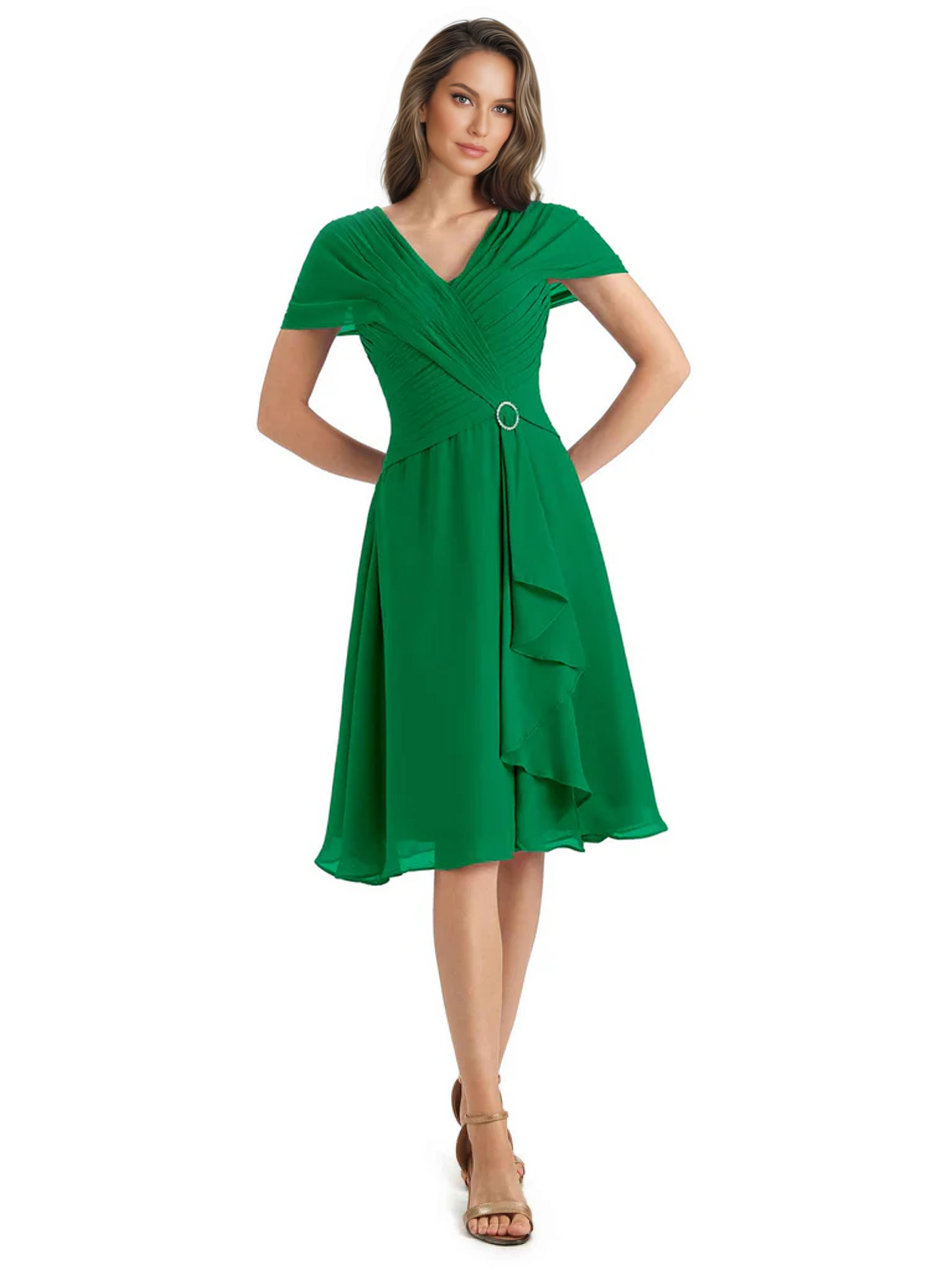 Mother of the Bride Dress Knee-Length V-Neck Chiffon Gown with Ruched Bodice