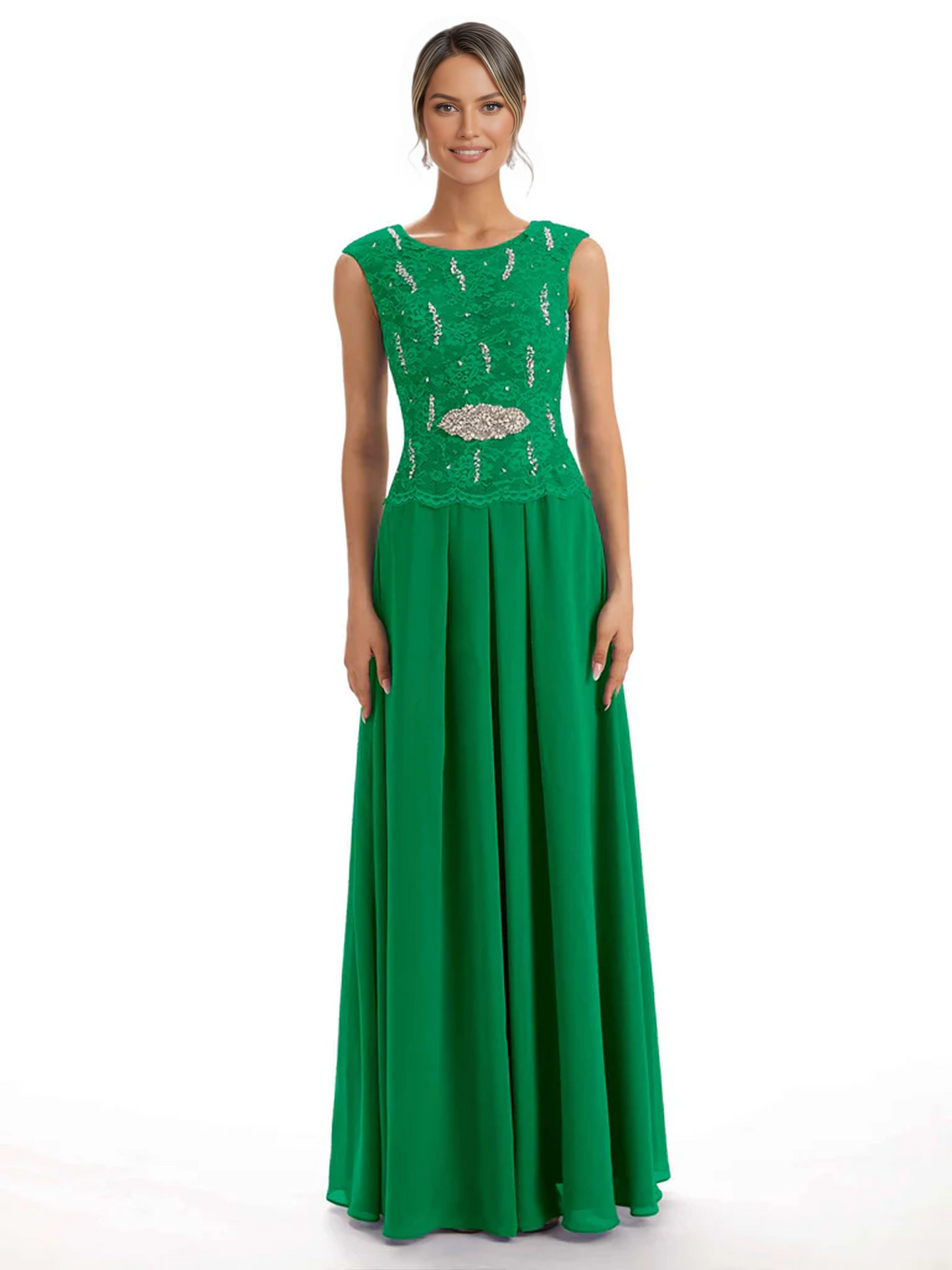 Mother of the Bride Dress Floor-Length Chiffon Gown with Embroidered Lace Bodice