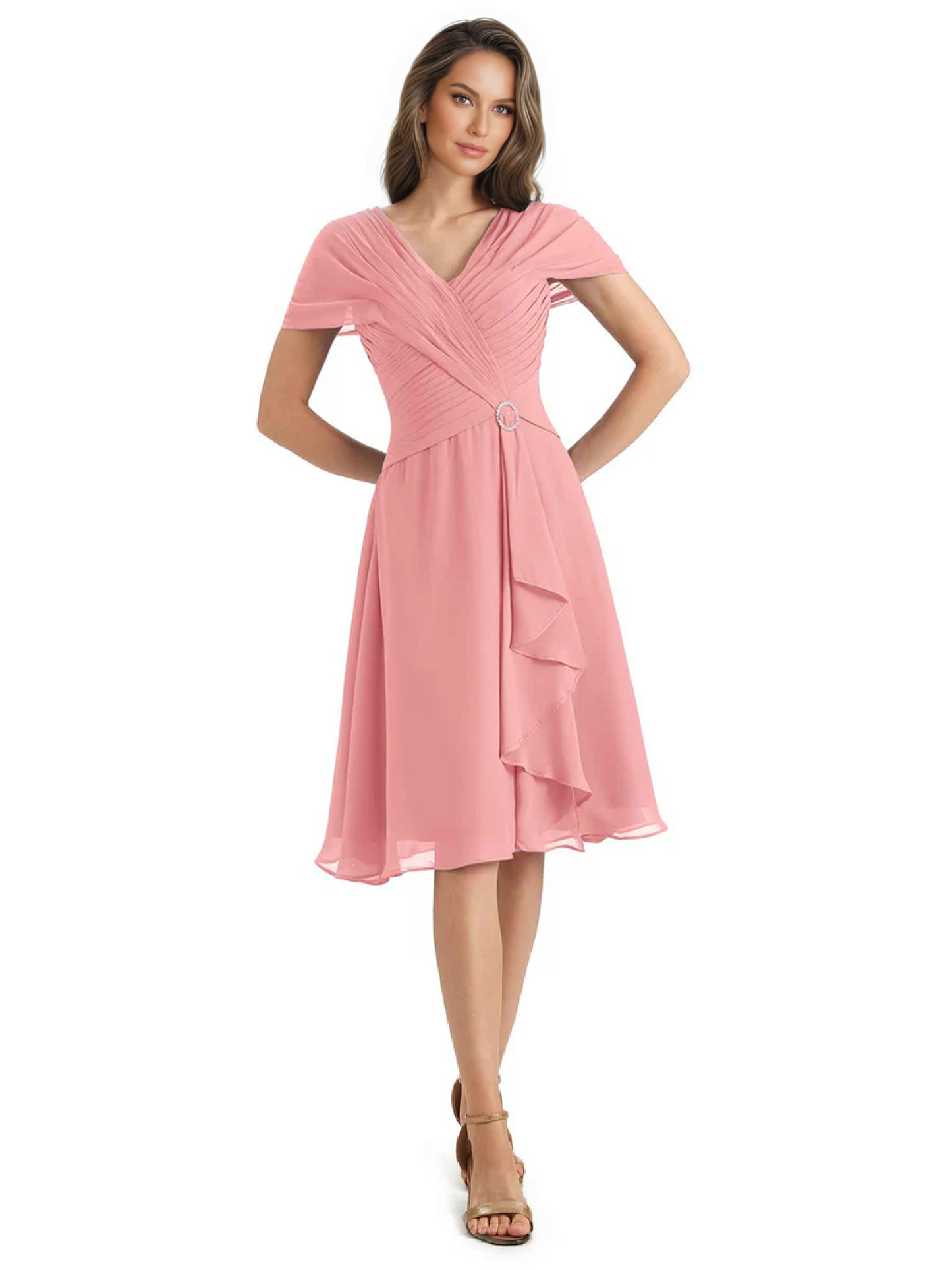 Mother of the Bride Dress Knee-Length V-Neck Chiffon Gown with Ruched Bodice