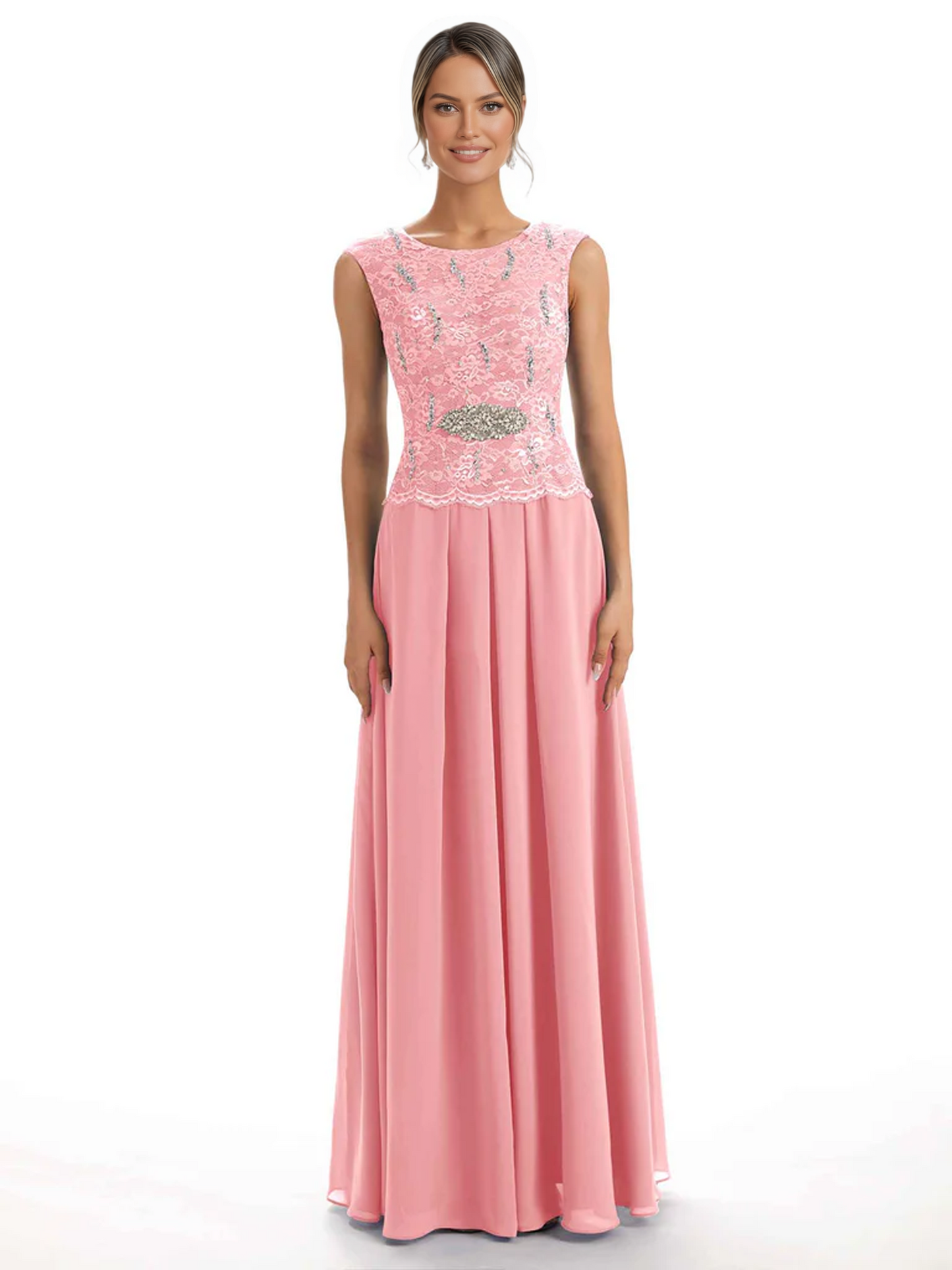 Mother of the Bride Dress Floor-Length Chiffon Gown with Embroidered Lace Bodice