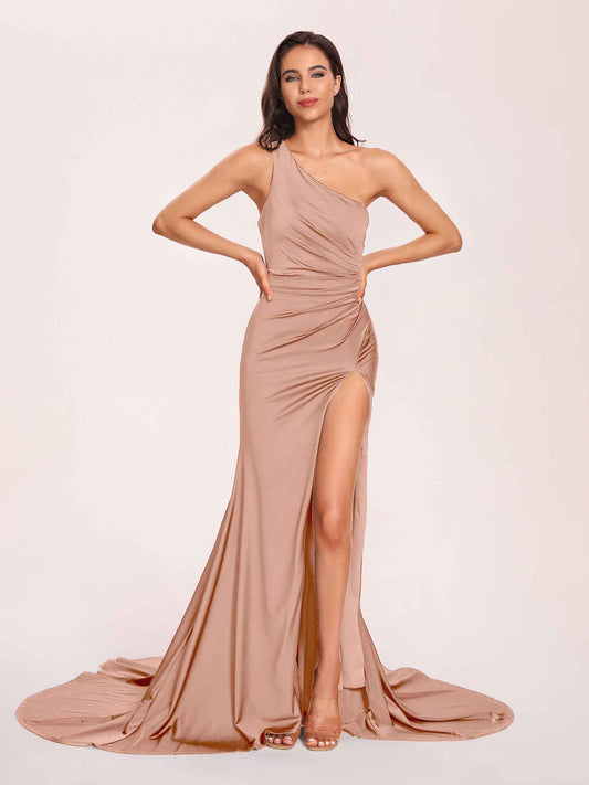 Jersey One-shoulder Bridesmaid Dresses Open Back Pleats Side-Slit With Train Long