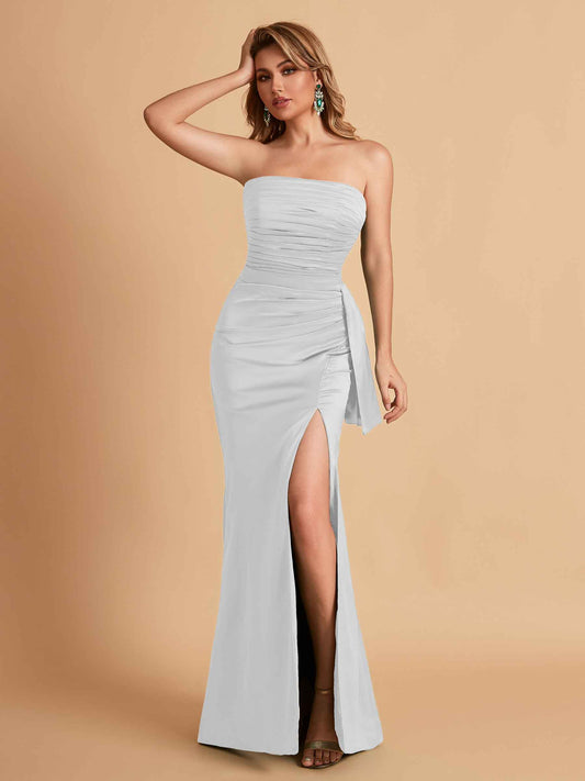 Sexy Strapless Satin Mermaid With Pleats Long Bridesmaid Dresses